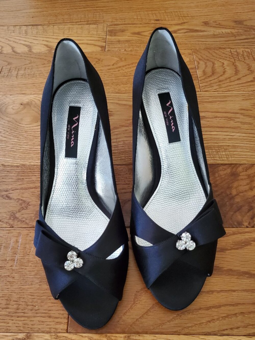 Nina Black Open Toe High Heels with Rhinestones & Bow NEW IN BOX | Formal Heels